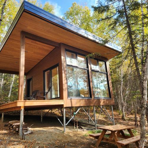 a tiny house in the woods with a large window at Tanières MicroChalets Charlevoix in Baie-Saint-Paul