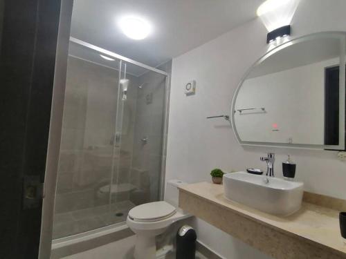 a bathroom with a toilet and a sink and a shower at Depto. frente al mar con Club de Playa in Acapulco