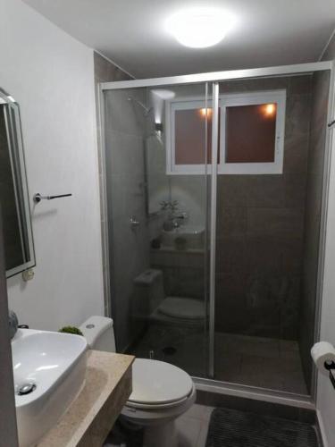 a bathroom with a shower and a toilet and a sink at Depto. frente al mar con Club de Playa in Acapulco