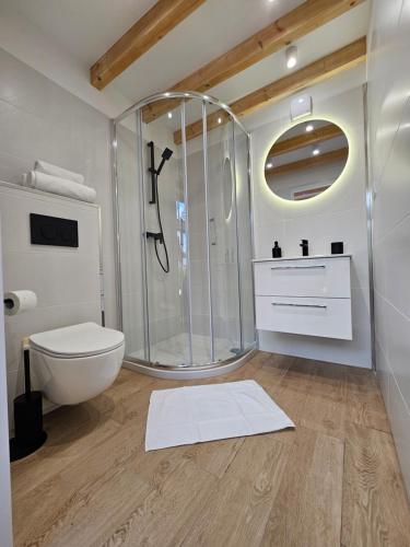 a bathroom with a glass shower and a toilet at Elizjum pod Śnieżką in Bukowiec