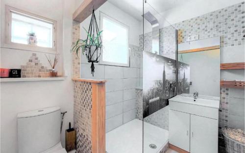 a bathroom with a shower and a toilet and a sink at appartement t3 terrasse in Troyes