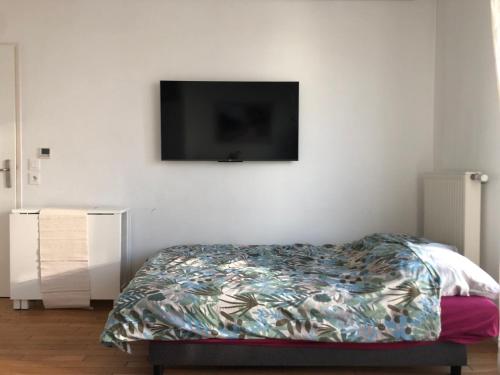 um quarto com uma cama e uma televisão de ecrã plano em Flat near Paris em Gennevilliers