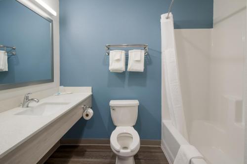 a bathroom with a white toilet and a sink at WoodSpring Suites Dearborn Detroit in Dearborn