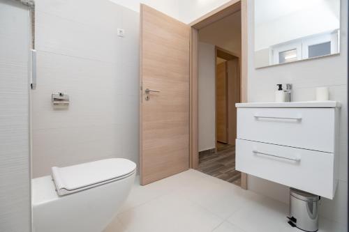 a white bathroom with a toilet and a sink at Kuća za odmor Kamenjani-Škabrnja in Škabrnje