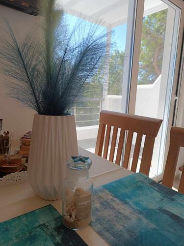 a vase with a plant in it sitting on a table at Enigma Boutique Houses Koxyli in Marmarion