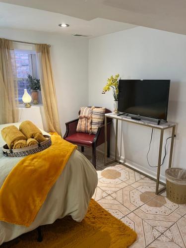 une chambre avec un lit, une télévision et une chaise dans l'établissement Chicago-Pilsen Boho apartment with Free parking - Unit C, à Chicago