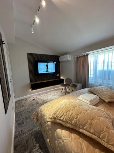 a bedroom with a bed and a flat screen tv at Complex Rediu 54 Luxury Apartaments in Iaşi