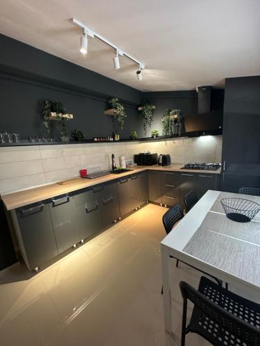 a kitchen with gray cabinets and a white counter top at Complex Rediu 54 Luxury Apartaments in Iaşi