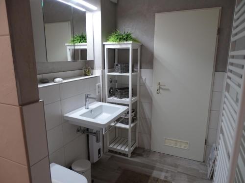 a bathroom with a sink and a mirror at Muschel in Kalifornien