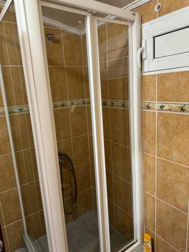a shower with a glass door in a bathroom at Apartments Airport Golubovci in Podgorica