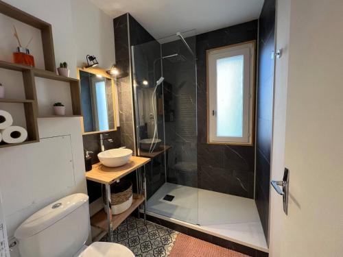 een badkamer met een douche, een toilet en een wastafel bij Studio - La parenthèse Valognaise in Valognes