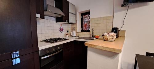 a kitchen with a stove and a counter top at Casa la Gardenia in SantʼOreste