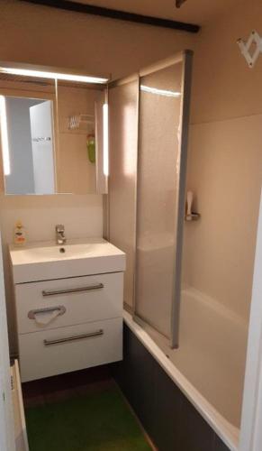 une salle de bain avec un lavabo et une douche dans l'établissement Appartement Ski aux pieds, à L'Alpe-d'Huez
