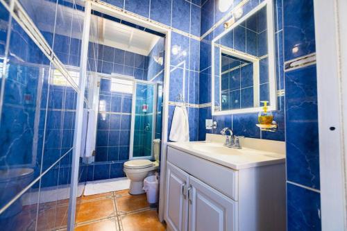 een blauw betegelde badkamer met een wastafel en een toilet bij Jobos Beach Apt #1 near food truck and beach . in Isabela