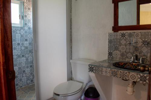 a bathroom with a toilet and a sink at Finca Marix, Villa del Carbón in Villa del Carbón