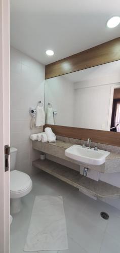 La salle de bains est pourvue d'un lavabo, de toilettes et d'un miroir. dans l'établissement Loft Duplex NYC Berrini 1503, à São Paulo