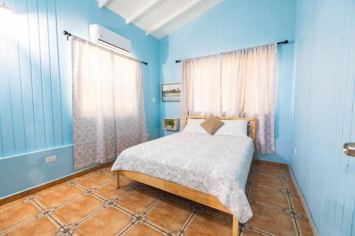 um quarto azul com uma cama e uma janela em Jobos Beach Apt #2 near food truck and beach em Isabela