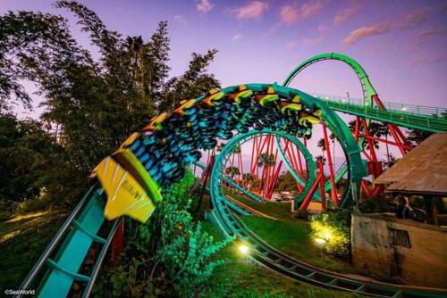 a roller coaster at a theme park at night at 5 min Beaches~Mini Golf~Pool Table~Pets~KING BED + in Largo