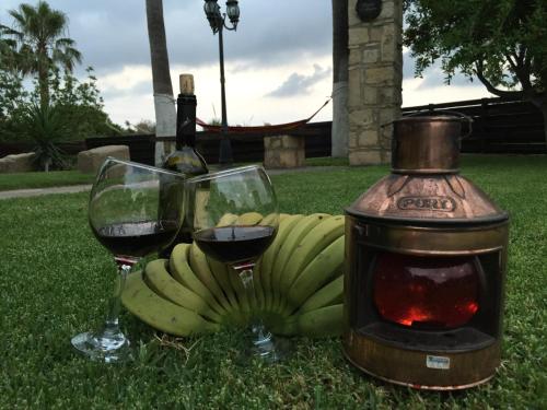 dos copas de vino junto a un montón de plátanos en De Michanna, en Anarita