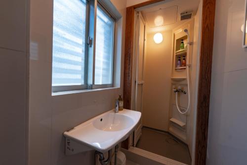 a bathroom with a sink and a window and a shower at ユナパ in Yonaha