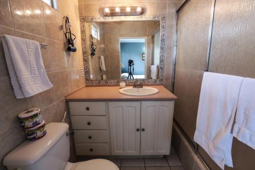 a bathroom with a sink and a toilet and a mirror at Airport Inn in Piarco