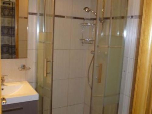 une salle de bain avec une douche avec une porte vitrée dans l'établissement Appartement 2 pièces cosy, 5 pers, terrasse sud, proche des remontées, parking inclus, WiFi en option - FR-1-676-51, à Châtel