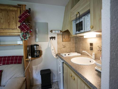 Elle comprend une petite salle de bains pourvue d'un lavabo et d'un comptoir. dans l'établissement Appartement cosy avec balcon et parking à Châtel - 4 pers, proche centre et pistes - FR-1-676-151, à Châtel