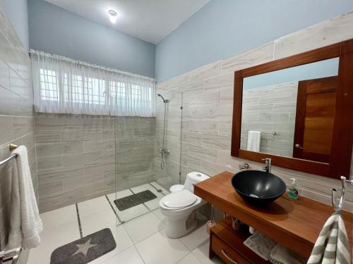 a bathroom with a sink and a toilet and a mirror at Casa privada - Centro del pueblo. in Constanza