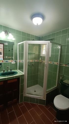 uma casa de banho verde com um chuveiro e um lavatório em Villas at Gone Fishing Panamá Resort em Boca Chica