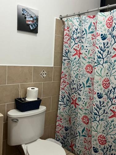 a bathroom with a toilet and a shower curtain at Apartamentos Trebol in Comayagua