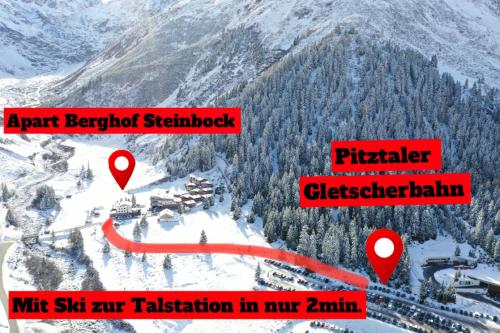 een kaart van een skigebied in de sneeuw bij Apart Berghof Steinbock in Sankt Leonhard im Pitztal