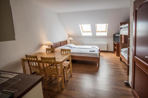 a room with a bed and a table and chairs at Apartmány Chajdovka in Boží Dar