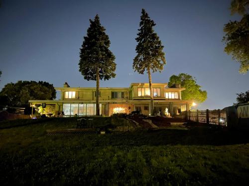 una grande casa con due alberi davanti di Pill Hill Mansion a Chicago