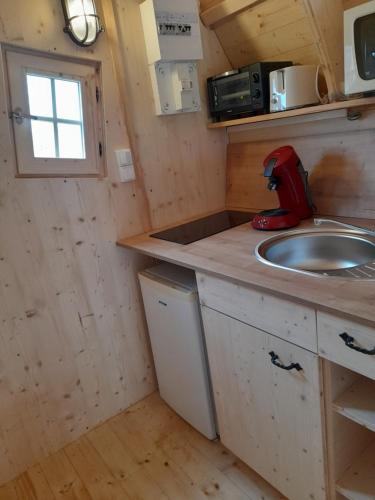 uma pequena cozinha com um lavatório e uma batedeira em Adorable chalet em Pouligney