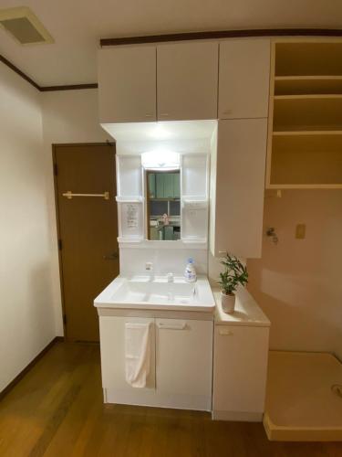 a white bathroom with a sink and a mirror at Guest House Flora Otemachi/フローラ大手町 in Hiroshima