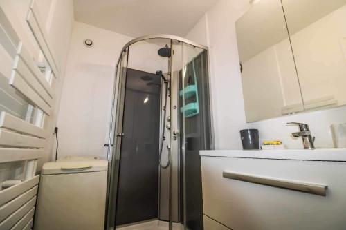 une salle de bain avec une douche, des toilettes et un lavabo dans l'établissement Dunes et Mer, à Sainte-Cécile-Plage