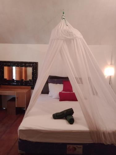 a bedroom with a bed with a canopy at Why Not Bar And Bungalows #3 in Pawenang