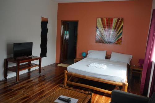 a bedroom with a bed and a television in it at Marianita's cottages in Mambajao