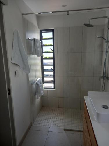 a bathroom with a shower and a sink and a window at Studio 2 The Waterclub in Rivière Noire
