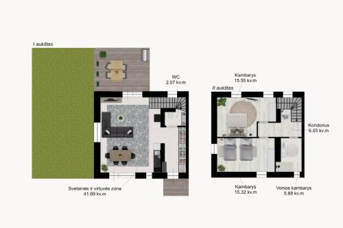a floor plan of a villa with a garden at Pine Home in Druskininkai