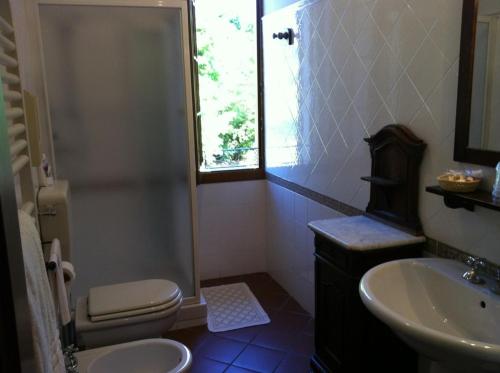 a bathroom with a sink and a toilet and a shower at Agriturismo La Cavaliera in Monteveglio