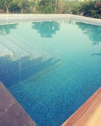a large swimming pool with a clear blue water at Private room in Retreat by Walias Farm Stay in Sohna