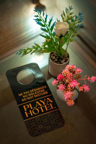 a book sitting on a table next to a potted plant at PLAYA Hôtel & Restaurant Dakhla in Dakhla