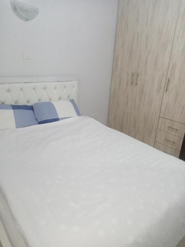 un letto bianco con cuscini blu in una camera da letto di Carlyle comfort home a Thika