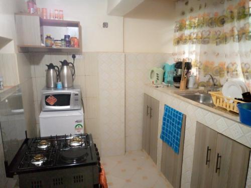 a small kitchen with a stove and a sink at Pelia Rose Guesthouse in Kisumu