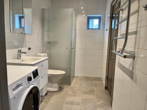 a bathroom with a toilet sink and a washing machine at Salmons väg Funäsdalen in Funäsdalen