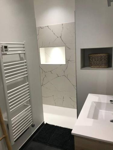 La salle de bains est pourvue d'un lavabo et d'un mur en marbre. dans l'établissement Superbe appartement plein centre, à Millau
