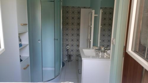 uma casa de banho com um lavatório e um espelho em Pied à Mer et Nature em Lagord