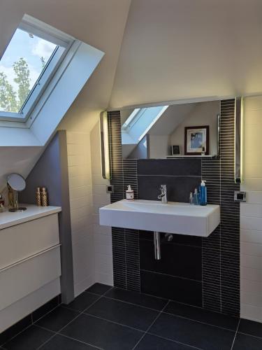 ein Badezimmer mit einem Waschbecken und einem Dachfenster in der Unterkunft 2 chambres dans maison familiale jardin et spa in Noisy-le-Roi