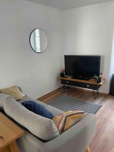 sala de estar con sofá y TV de pantalla plana en Appartement au cœur de Tonnerre en Tonnerre